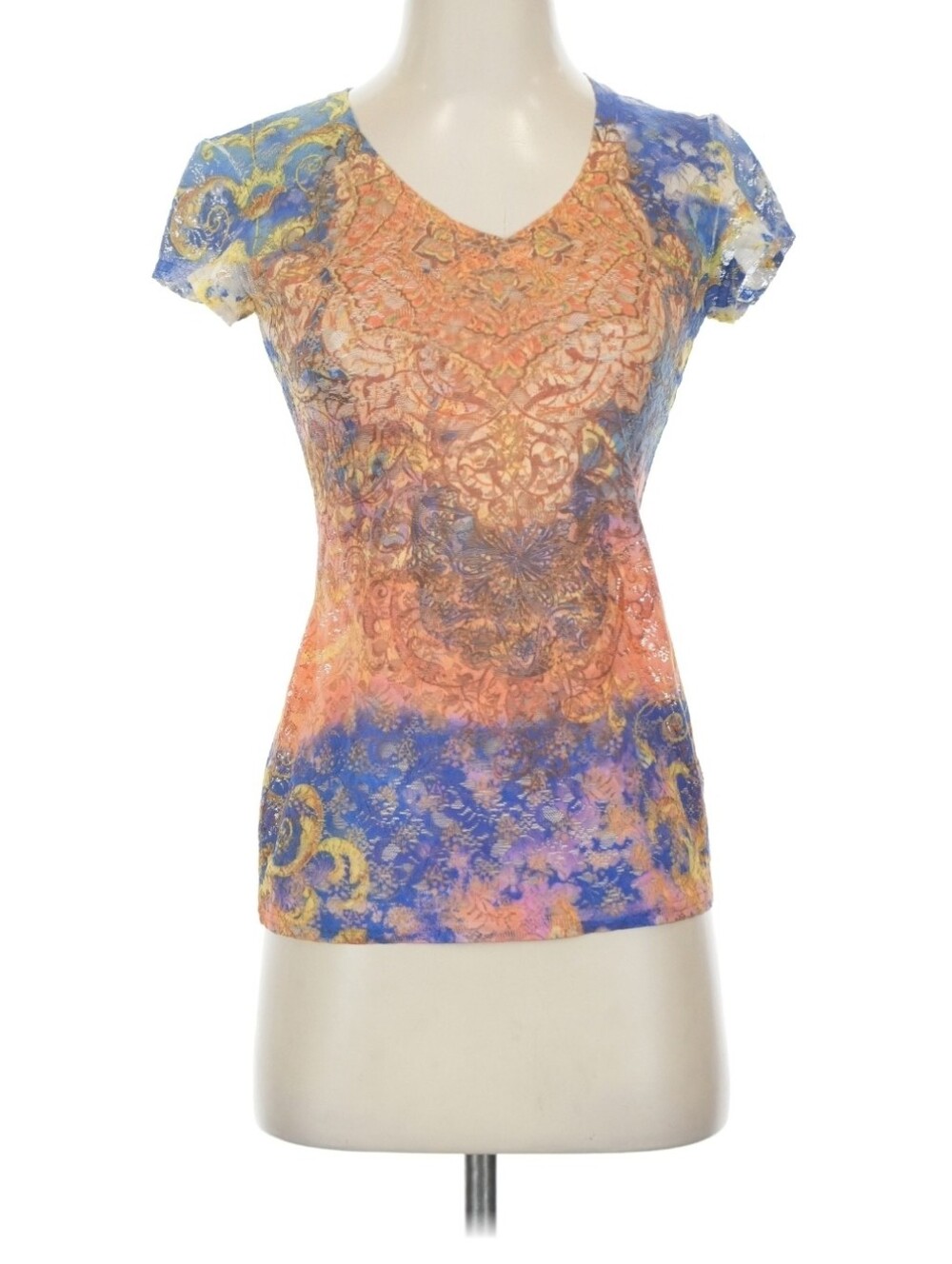 Joseph Ribkoff Blue & Orange V-Neck Printed Short Sleeve Tee Sz XS (2) - Picture 10 of 13